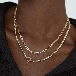 Set of 2 Layered 14K Gold Necklaces Dainty Minimalist Thin Chain Link Jewelry